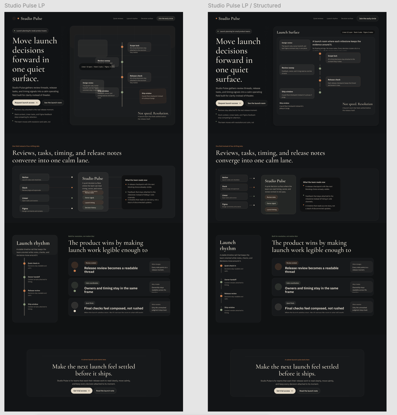 構造を修正した後の LP — Auto Layout を適用し、テキスト群をグループ化して崩れにくくした状態